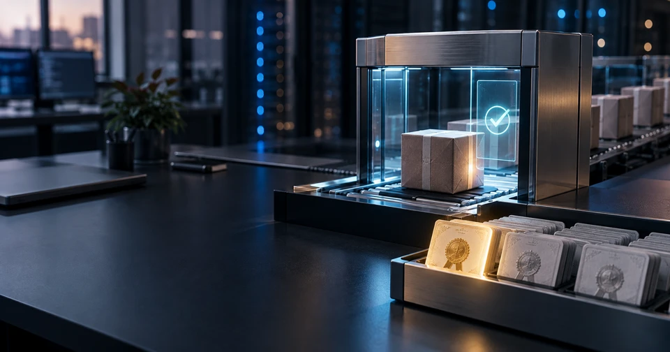 Puerta transparente de verificación que valida un paquete de software en una cadena de suministro, con certificados antiguos y uno nuevo iluminado en una bandeja segura
