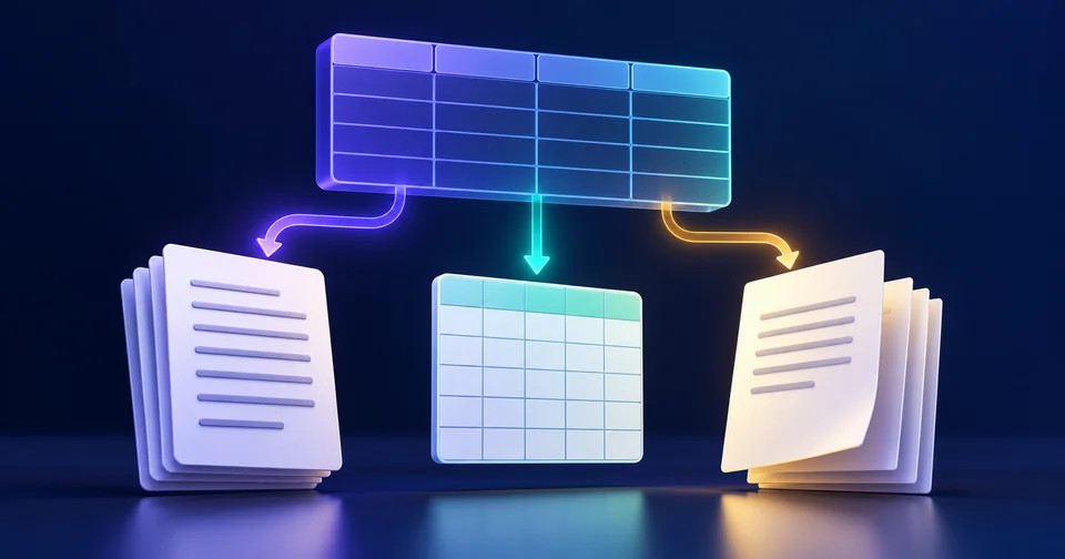 Una tabla de datos alimenta tres documentos genéricos: páginas de texto, hoja de cálculo y reporte paginado
