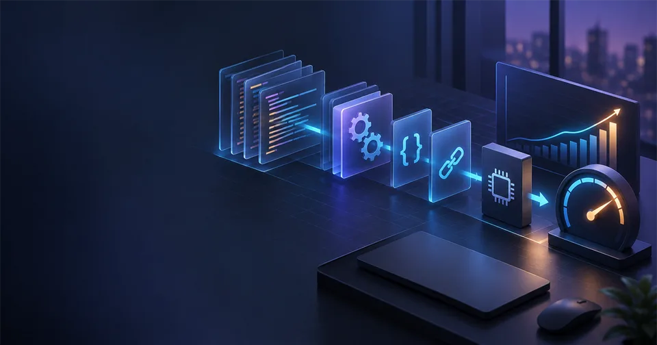 Ilustración abstracta de un pipeline de ejecución con bloques de código, engranajes, llaves de código, un enlace, un chip y un indicador de medición sobre un fondo azul oscuro