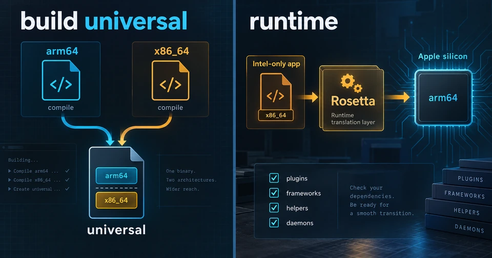 Ilustración dividida en dos paneles: un proceso de compilación crea un binario universal con arm64 y x86_64, mientras una app Intel atraviesa la capa de traducción Rosetta para ejecutarse en Apple silicon