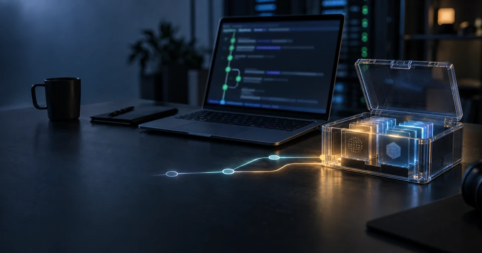 Portátil con panel de compilación desenfocado y caja transparente de artefactos iluminados, conectada por una línea de luz
