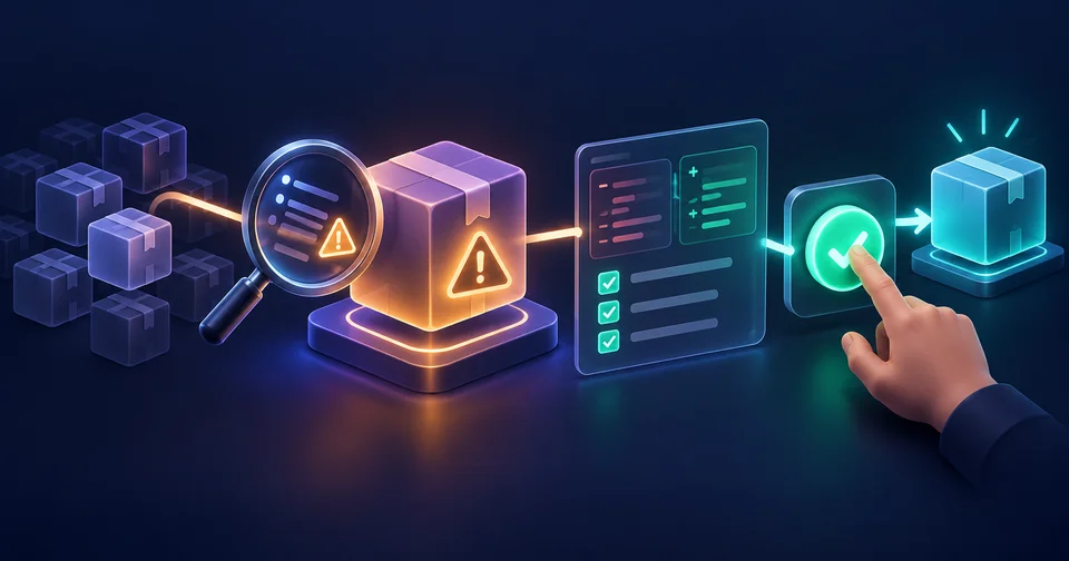 Ilustración abstracta de paquetes de software, alerta de vulnerabilidad, revisión de cambios y aprobación humana antes de actualizar